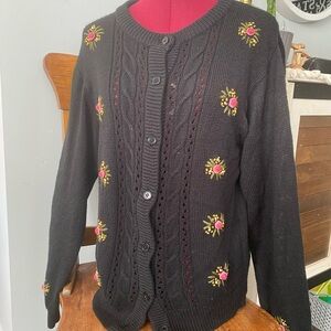 Vintage Black Floral Embroidered Button-Up Cardigan